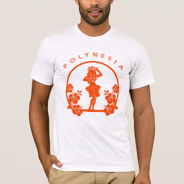Camiseta Dançarino Polinésio Laranja com Flores de Hibisco (Frente)