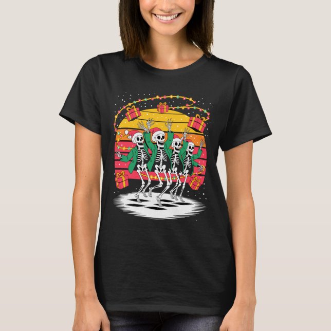 Camiseta Dancing Skeletons With Santa Hats Christmas Lights (Frente)