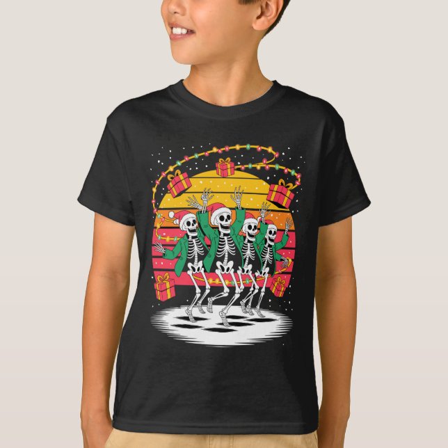 Camiseta Dancing Skeletons With Santa Hats Christmas Lights (Frente)