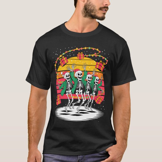 Camiseta Dancing Skeletons With Santa Hats Christmas Lights (Frente)