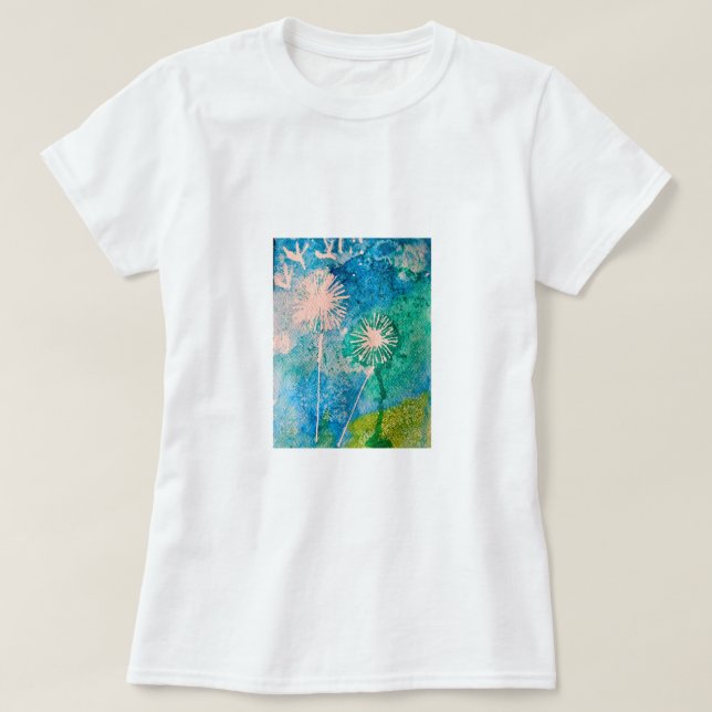 Camiseta Dandelion abstrato azul e verde (Frente do Design)