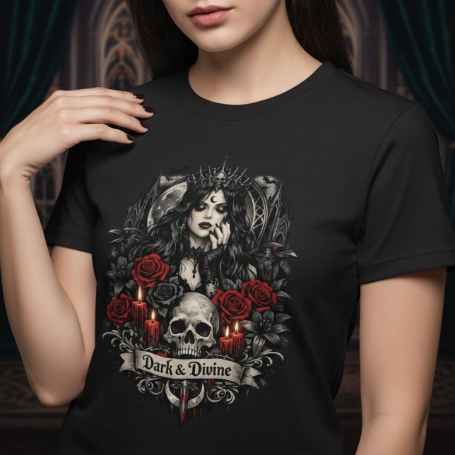 Camiseta Dark and Divine Gothic Skull and Roses (Dark Gothic Corgi With Skull and Candles T-Shirt by Ricaso. A great goth style tee for anyone
)
