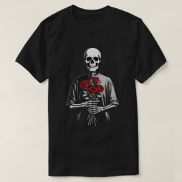 Camiseta Dark Skeleton with Red Roses Bouquet Gothic Aesthe