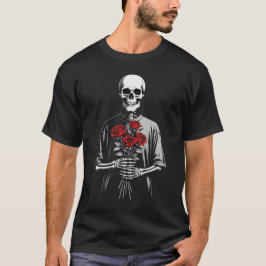 Camiseta Dark Skeleton with Red Roses Bouquet Gothic Aesthe