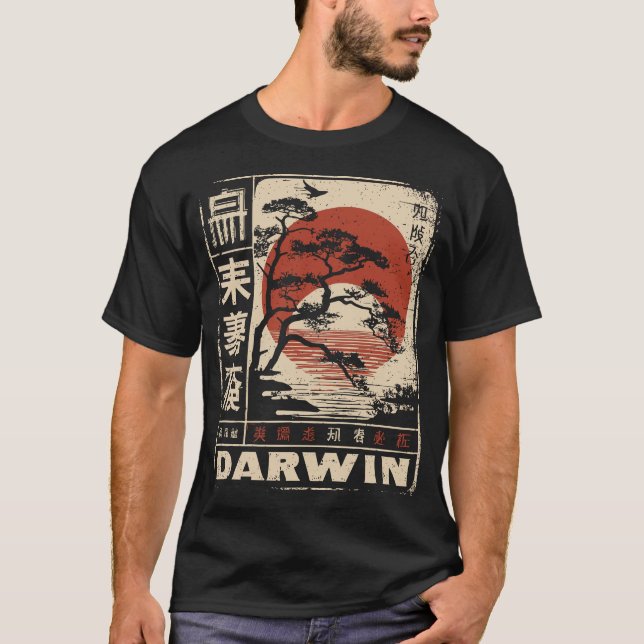 Camiseta Darwin Evolution Japonês Red Sun Science Art (Frente)