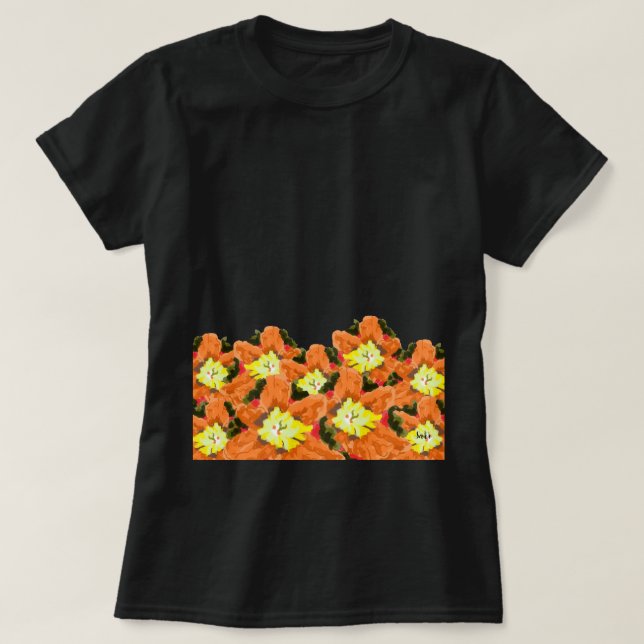 Camiseta das mulheres: Flores laranja e amarelas (Frente do Design)
