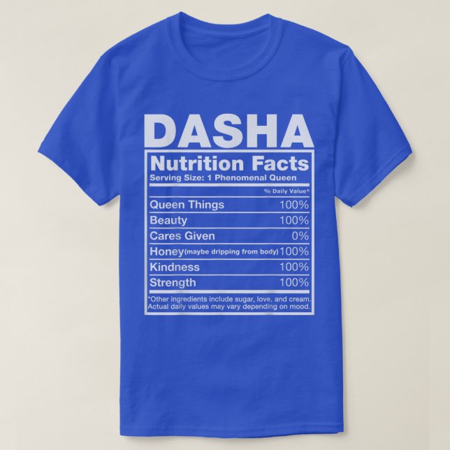 Camiseta Dasha Nutrition FactsDasha Name Birthday (Frente do Design)
