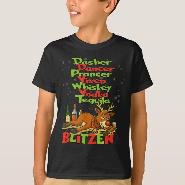 Camiseta Dasher Dancer Whiskey Vodka Tequila Blitzen Christ (Frente)