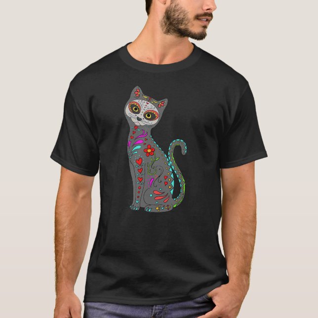 Camiseta Day Of Dead Cat Mexican Cat Lover Cat Sugar Skull (Frente)