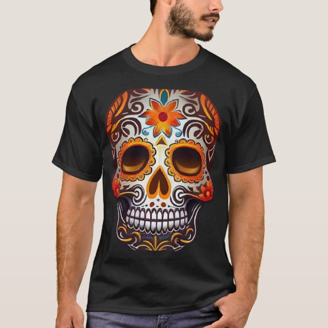Camiseta Day Of Dead Sugar Skull Floral Skeleton Head Bone  (Frente)