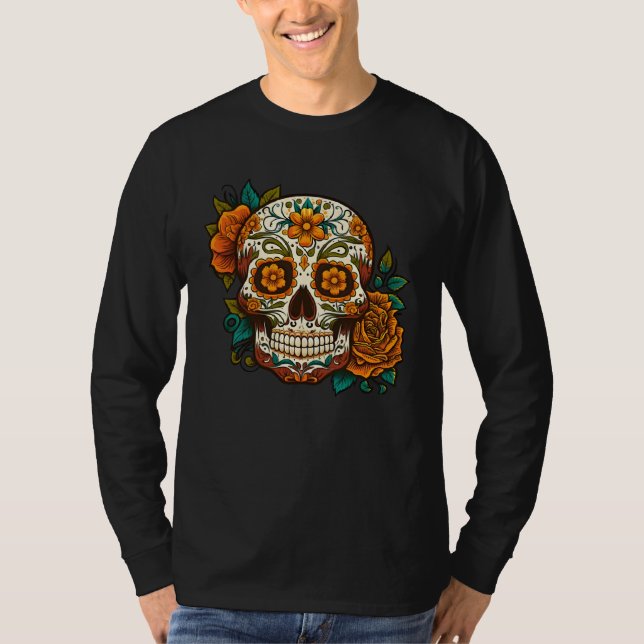 Camiseta Day Of Dead Sugar Skull Floral Skeleton Head Bone  (Frente)
