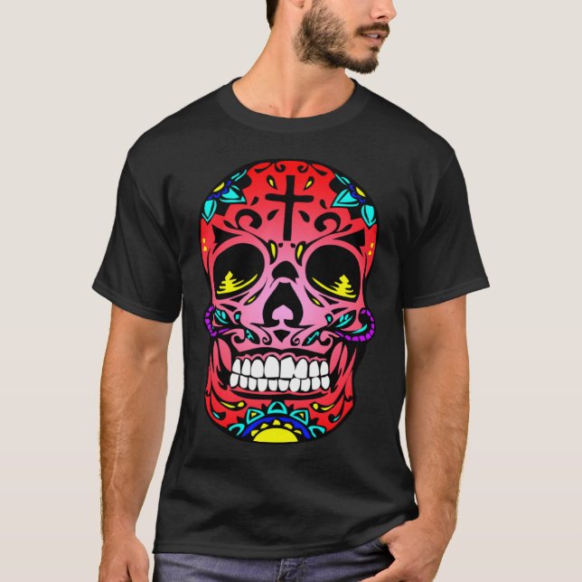 Camiseta Day Of The Dead Red Face Cross Sugar Skull Hallowe (Frente)