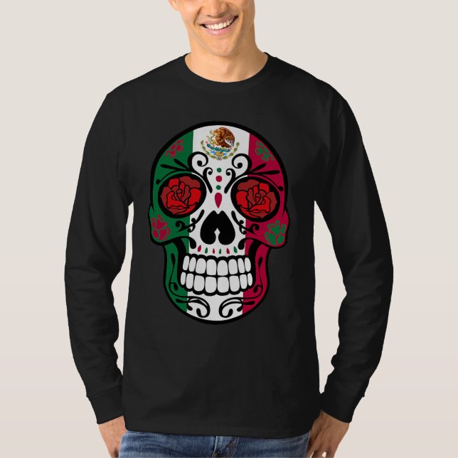 Camiseta Day Of The Dead Sugar Skull Halloween Mexican Flag (Frente)