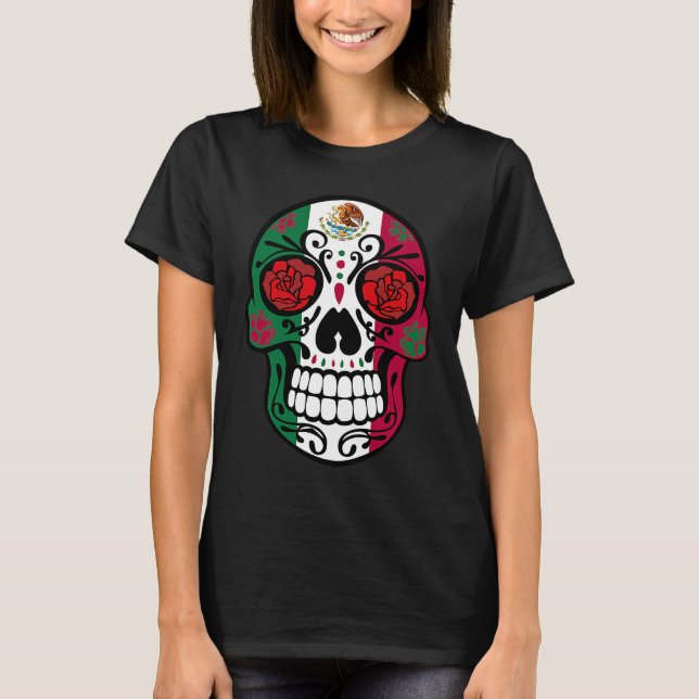 Camiseta Day Of The Dead Sugar Skull Halloween Mexican Flag (Frente)