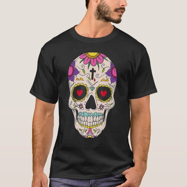 Camiseta Day of the Dead Sugar Skull Red Roses Hearts (Frente)
