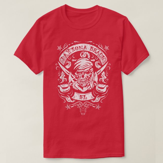 Camiseta Daytona Beach FL Pirate Skull Cruzou Espadas Ancho (Frente do Design)