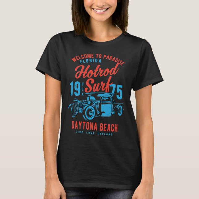 Camiseta Daytona Beach Florida Retro Hotrod Surf Distressed (Frente)
