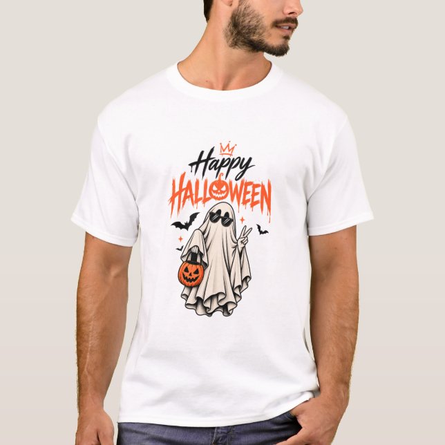 Camiseta de Abóbora Feliz Halloween Fantasma Fofo (Frente)