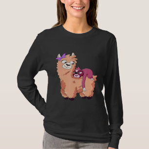 Camiseta de Animal Fofo de Lhama Montando Preguiça