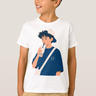 Camiseta de Anime Bonito Bebendo Chá de Bolha