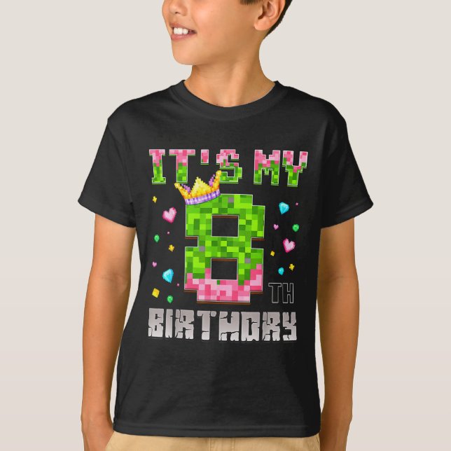 Camiseta de aniversariante pixel de videogame de 8 (Frente)