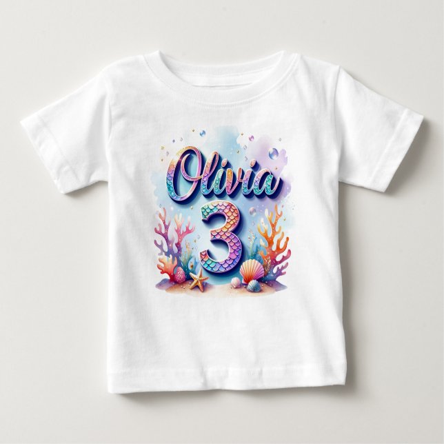 Camiseta de aniversário da Sereia - Nome e idade p (Frente)