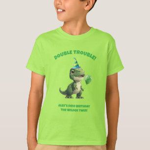 Camiseta de aniversário de dinossauro menino gêmeo