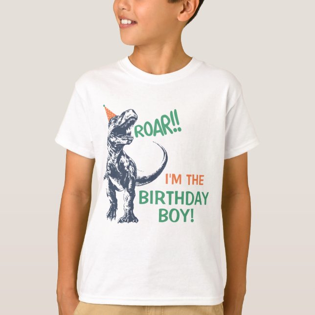 Camiseta de aniversário do menino Dinossauro T-Rex (Frente)
