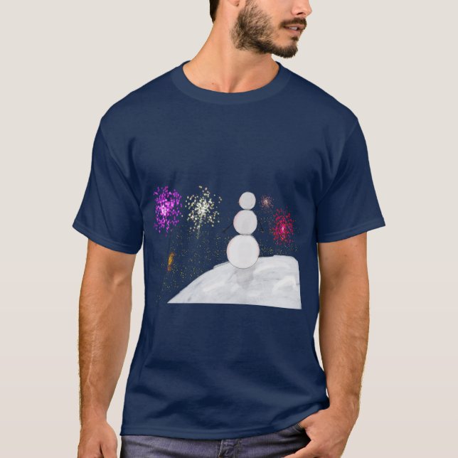 Camiseta de Ano Novo com Boneco de Neve e Fogos de (Frente)