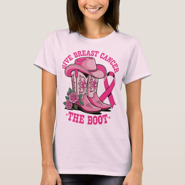 Camiseta Dê Ao Cancer Da Mama O Boot Pink Boots Hat (Frente)