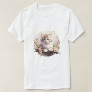 Camiseta de Aquarela com Gatinho Fofinho e Flores