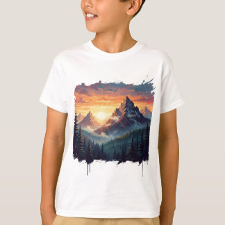 Camiseta de Arte da Floresta da Montanha do Pôr do