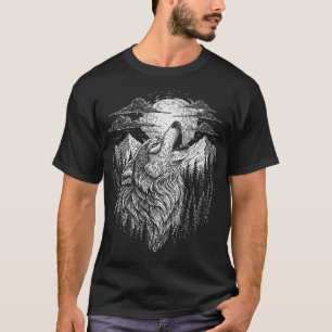 Camiseta de Arte de Linha Lobo Uivando e Lua