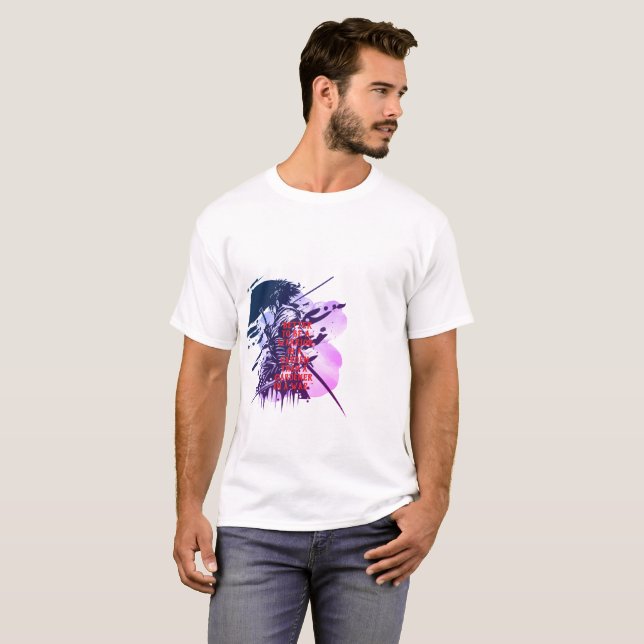 Camiseta de Arte de Tinta Samurai - Azul e Verde e (Frente Completa)