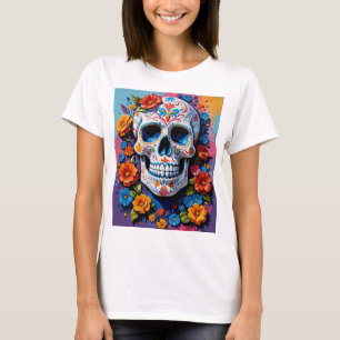 Camiseta de Arte do Crânio Vibrante Floral para Cr