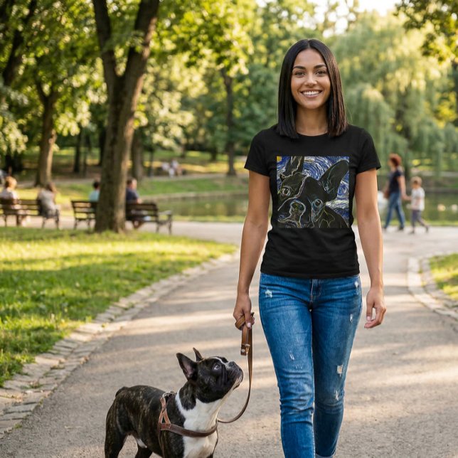 Camiseta de Arte Neon Preto de Bulldog Francês (French Bulldog T-Shirt)