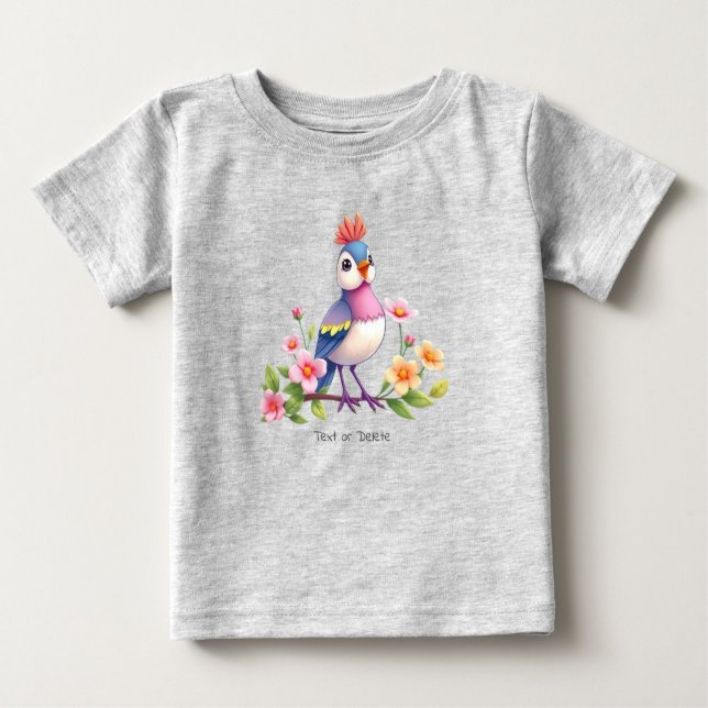 Camiseta de Bebê Floral de Pássaro Azul Rosa Fofa (Frente)