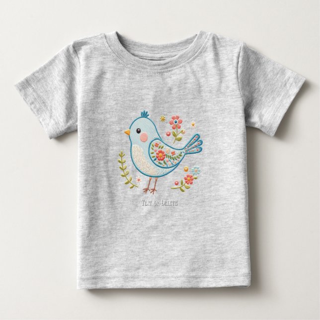 Camiseta de Bebê Floral Pequeno Pássaro Azul (Frente)