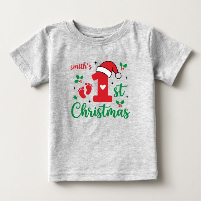 Camiseta de bebê para o primeiro Natal com pegadas (Frente)