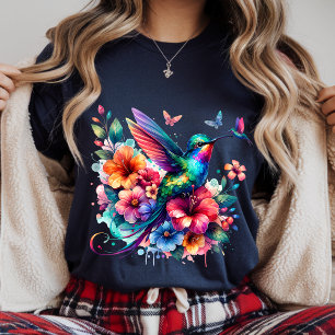 Camiseta de beija-flores com buquê floral colorido