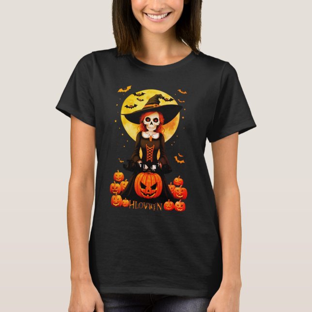 Camiseta de bruxa e abóbora laranja do Halloween (Frente)