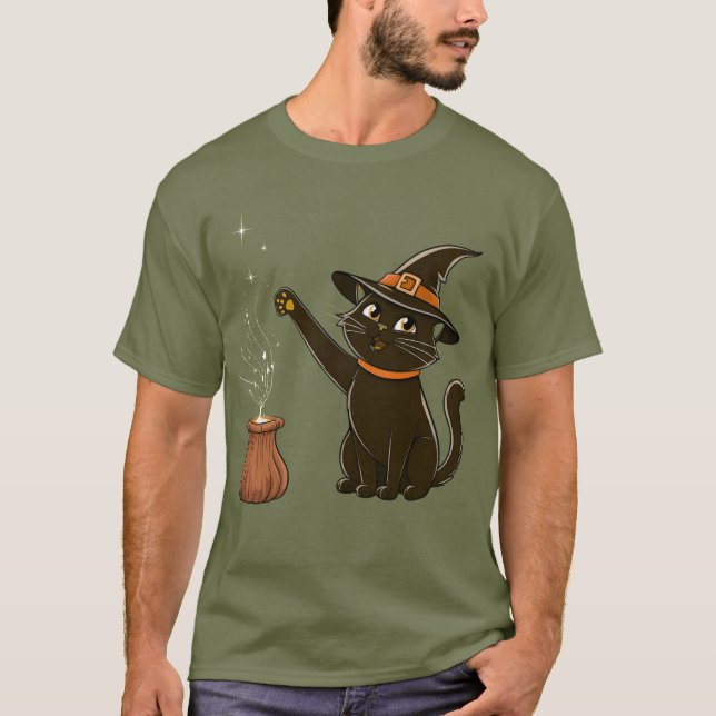 Camiseta de bruxa-gato - Gato preto mágico com bru (Frente)