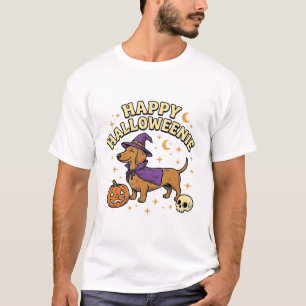 Camiseta de Cachorro Bruxa Dachshund Feliz Hallowe
