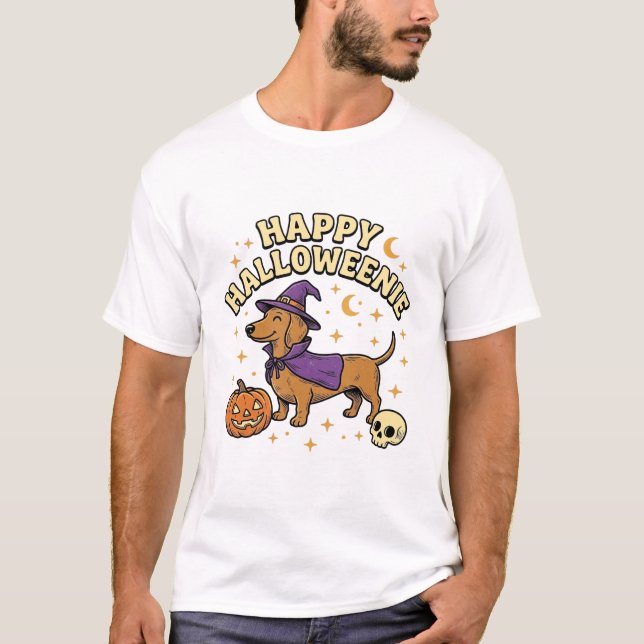 Camiseta de Cachorro Bruxa Dachshund Feliz Hallowe (Frente)
