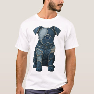 Camiseta de Cachorro de Arte em Remendo de Jeans F