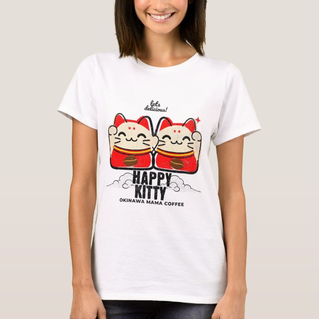Camiseta de Café Happy Kitty Gato Sortudo Gráfico  (Frente)