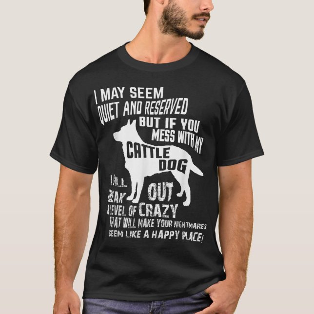 Camiseta de cão de gado Camisa Azul Louca Engraçad (Frente)
