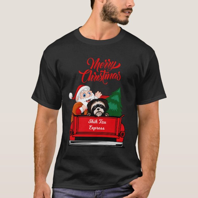 Camiseta de cão Shih Tzu Com Papai Noel Na Pickup  (Frente)