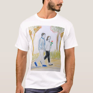 Camiseta de casal desenhado à mão andando no parqu