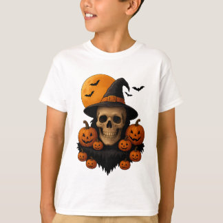 Camiseta de Caveira de Halloween com Abóboras e Ch
